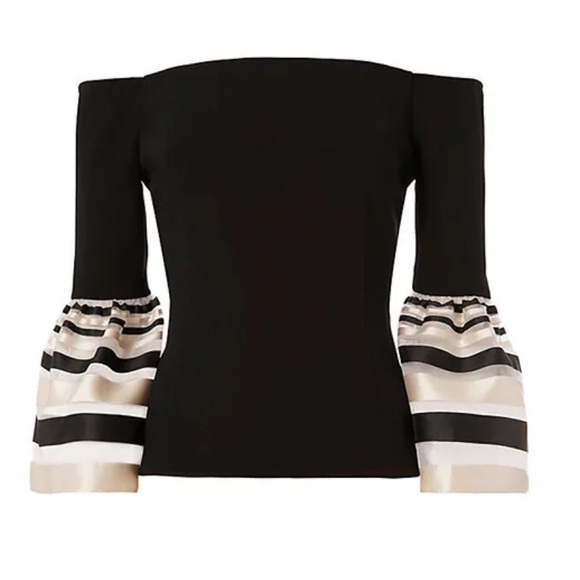 INTERMIX off shoulder Black Top with Striped Sleeves side zip sz S - Picture 1 of 7